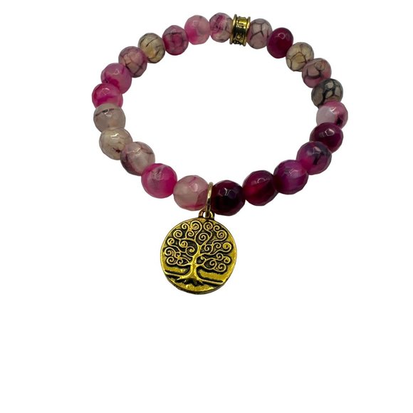 Pink Jasper Beaded Stone Stretch Bracelet with Tree of Life Charm - Picture 4 of 4